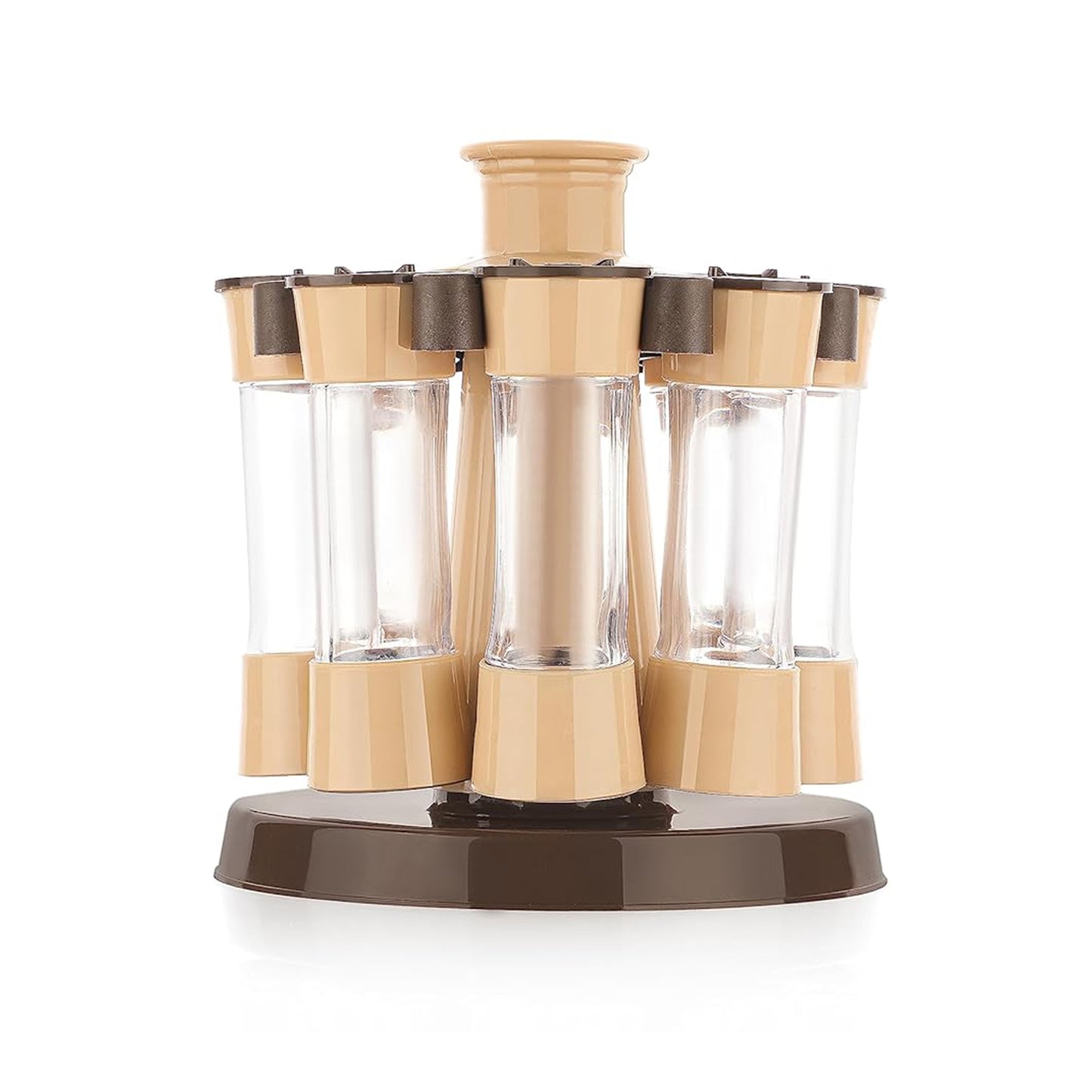 360° Revolving Spice Rack with 8 Jars for Kitchen & Dining Table | Condiment & Herb Seasoning Organizer (Brown Box)