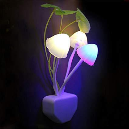 LED Mushroom Night Lamp | Automatic Color Changing Plug-in Bedside Light with Decorative Leaves for Kids Room, Bedroom & Home Decoration