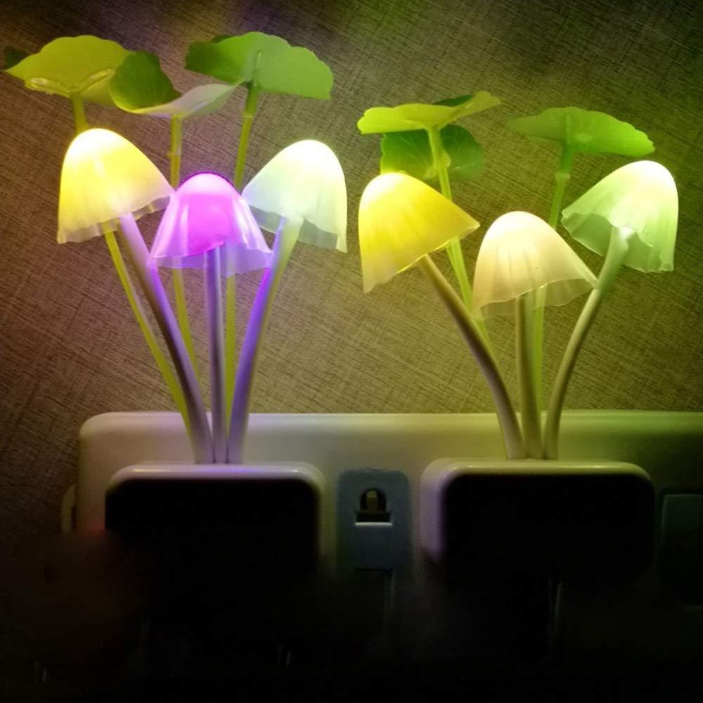 LED Mushroom Night Lamp | Automatic Color Changing Plug-in Bedside Light with Decorative Leaves for Kids Room, Bedroom & Home Decoration