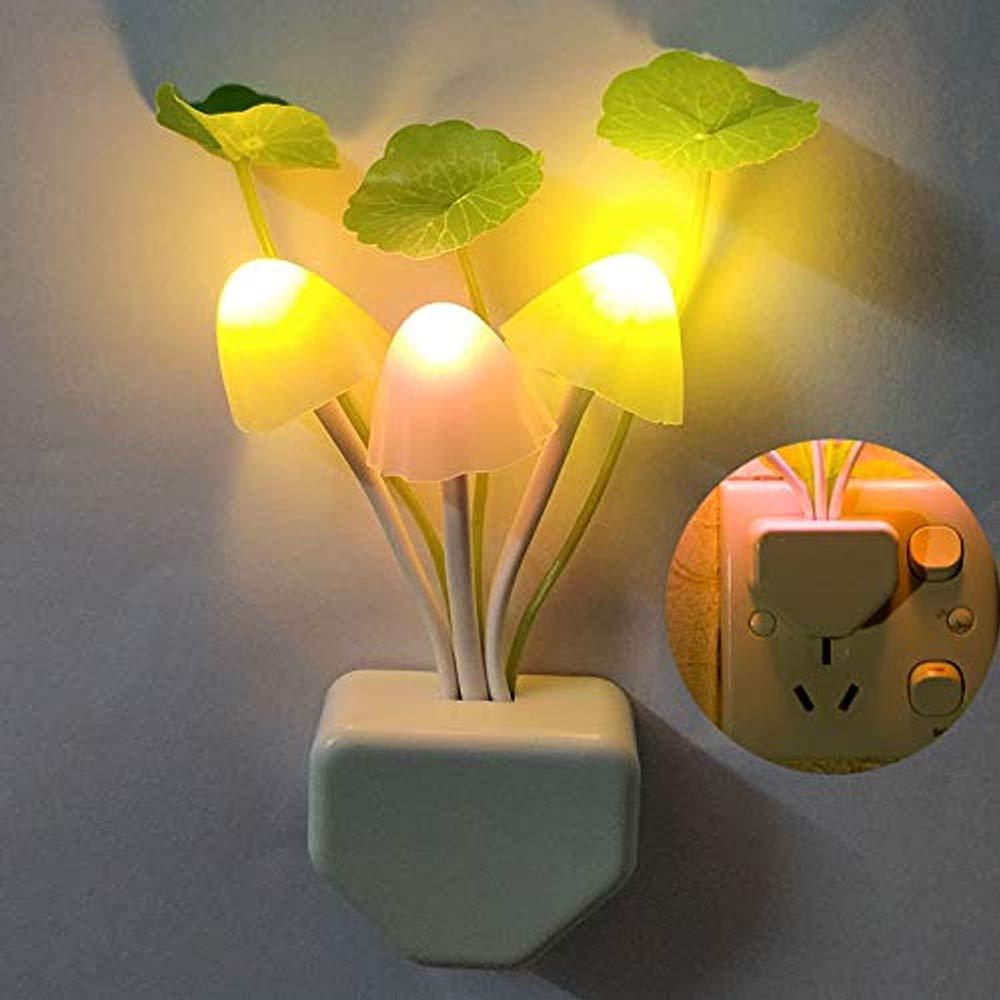 LED Mushroom Night Lamp | Automatic Color Changing Plug-in Bedside Light with Decorative Leaves for Kids Room, Bedroom & Home Decoration