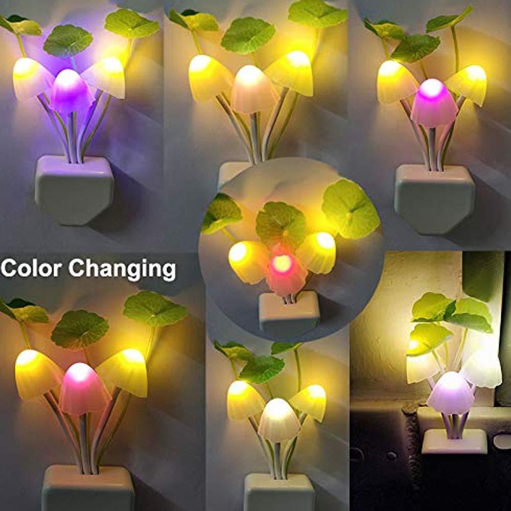 LED Mushroom Night Lamp | Automatic Color Changing Plug-in Bedside Light with Decorative Leaves for Kids Room, Bedroom & Home Decoration