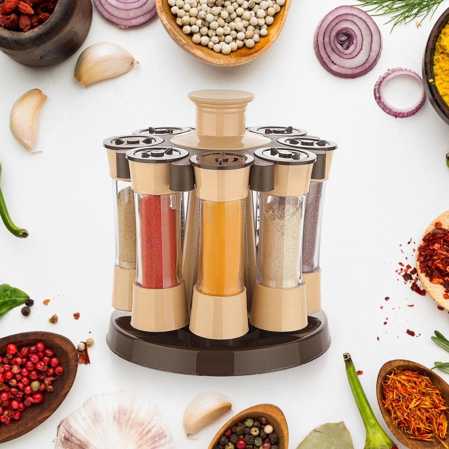 360° Revolving Spice Rack with 8 Jars for Kitchen & Dining Table | Condiment & Herb Seasoning Organizer (Brown Box)