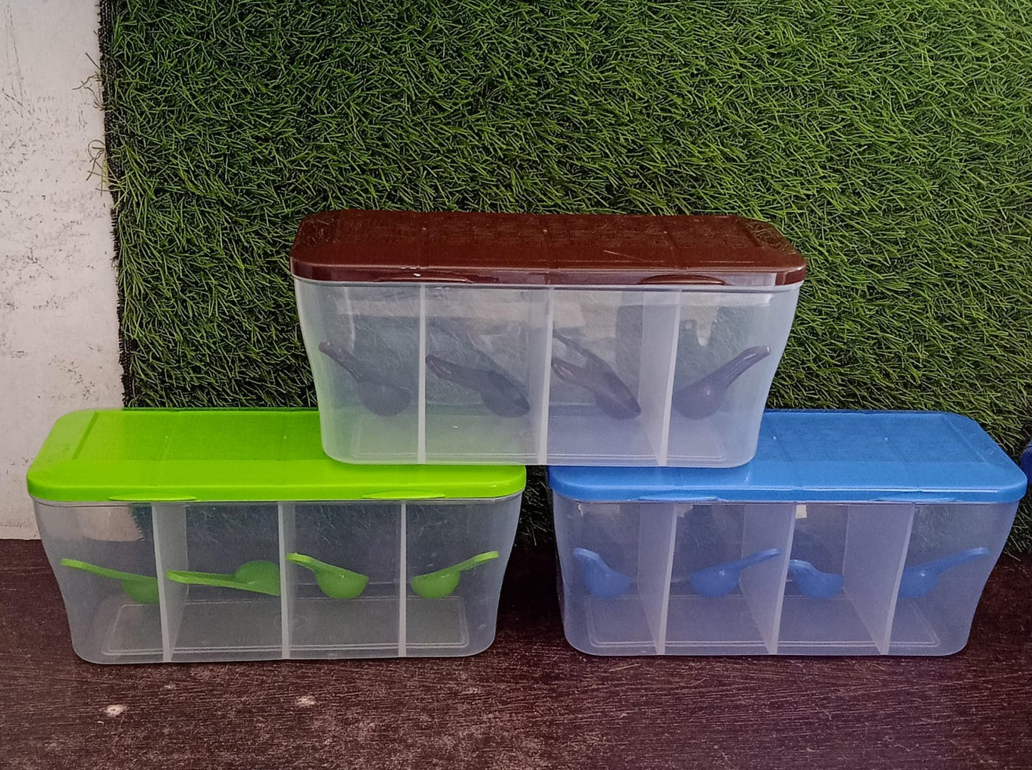 5578 Kitchen Multipurpose Air-tight 4 Sections Storage Containers  Pickle (Achar) Jar With 4 Spoon For Each Section (1 Pc  Mix Color)