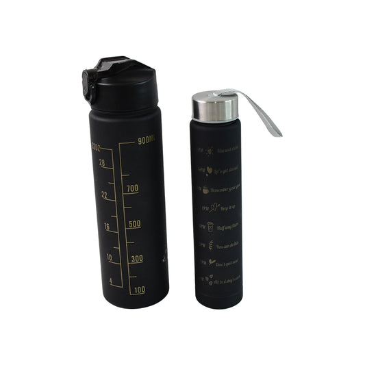 2 Pc Premium Black Motivational Water Bottle Set (900 Ml + 300 Ml)