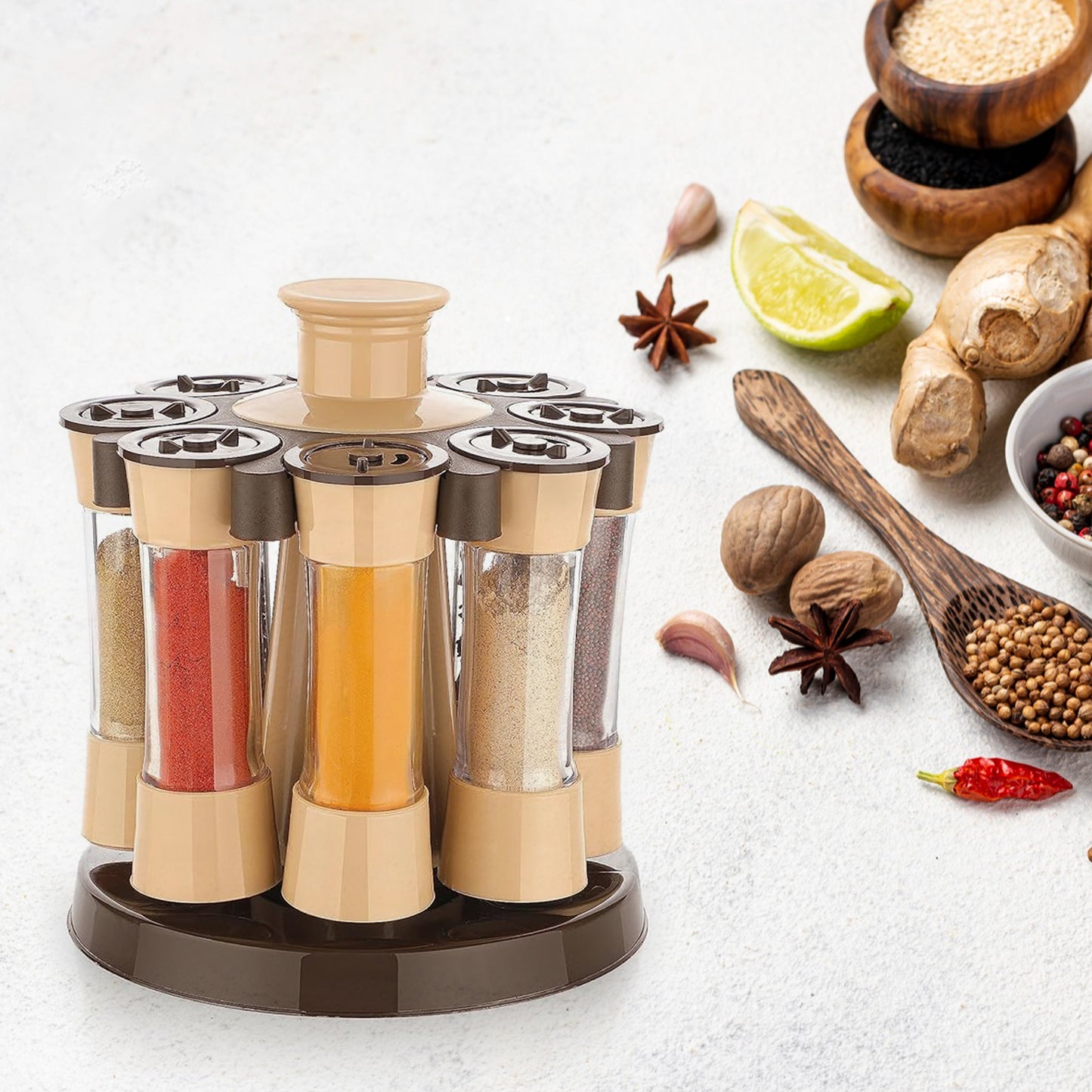360° Revolving Spice Rack with 8 Jars for Kitchen & Dining Table | Condiment & Herb Seasoning Organizer (Brown Box)