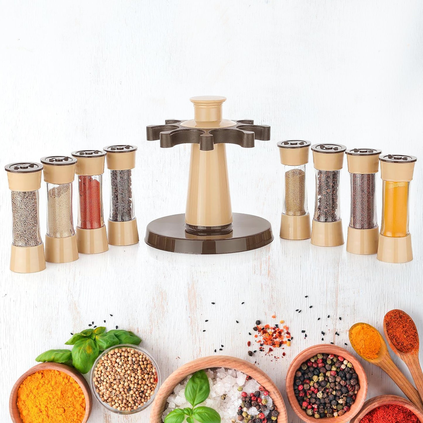 360° Revolving Spice Rack with 8 Jars for Kitchen & Dining Table | Condiment & Herb Seasoning Organizer (Brown Box)