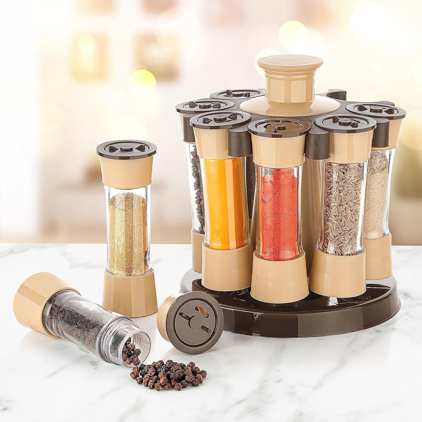 360° Revolving Spice Rack with 8 Jars for Kitchen & Dining Table | Condiment & Herb Seasoning Organizer (Brown Box)