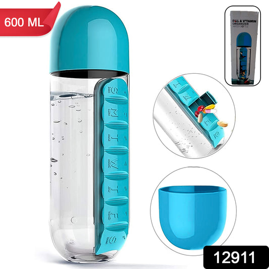 Multi-functional Pill & Water Bottle (600ml) | Daily Organizer for Vitamins & Meds | Ideal for On-the-Go, Gym, Office & Travel