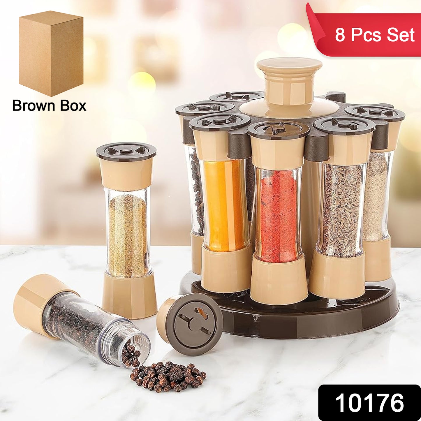 360° Revolving Spice Rack with 8 Jars for Kitchen & Dining Table | Condiment & Herb Seasoning Organizer (Brown Box)