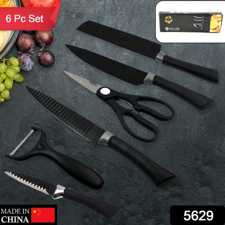 5629 6 Pieces Professional Kitchen Knife Set Meat Knife Chefs Knife With Non-slip Handle For Home Kitchen And Restaurant With Chef Peeler And Scissor (Stainless Steel  6 Pcs Set)
